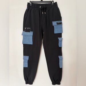 Manière De Voir Cargo Joggers Black Denim Pocket Streetwear Pants Size 14